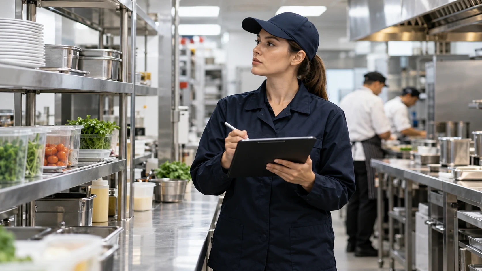 Food safety auditor conducting a kitchen inspection