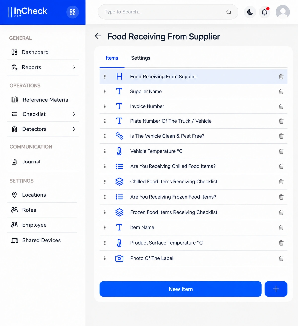 InCheck 360 Food Receiving From Supplier checklist template